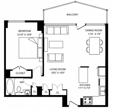 Floor plan for 1 bed, 1 bath, 683 sqft